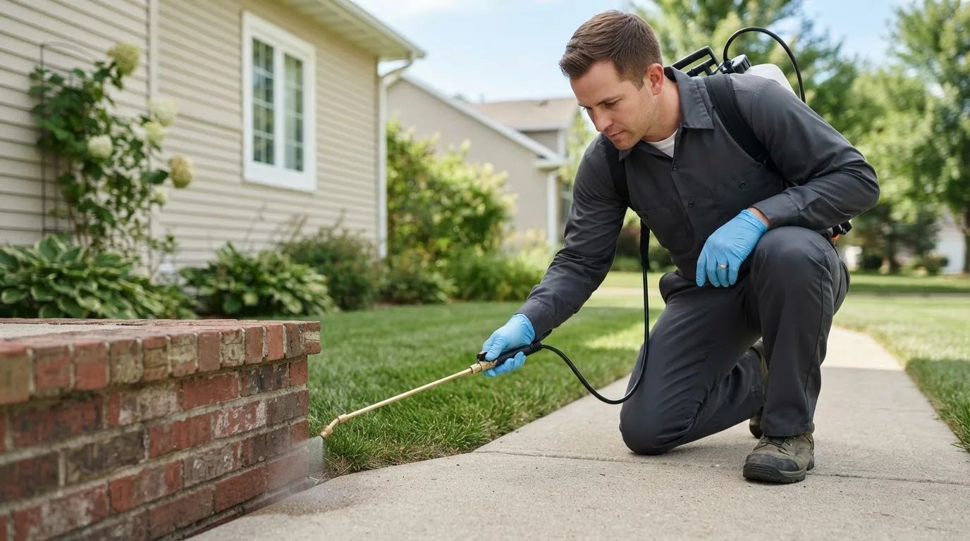 Pest control technician treating a home near Niantic, CT